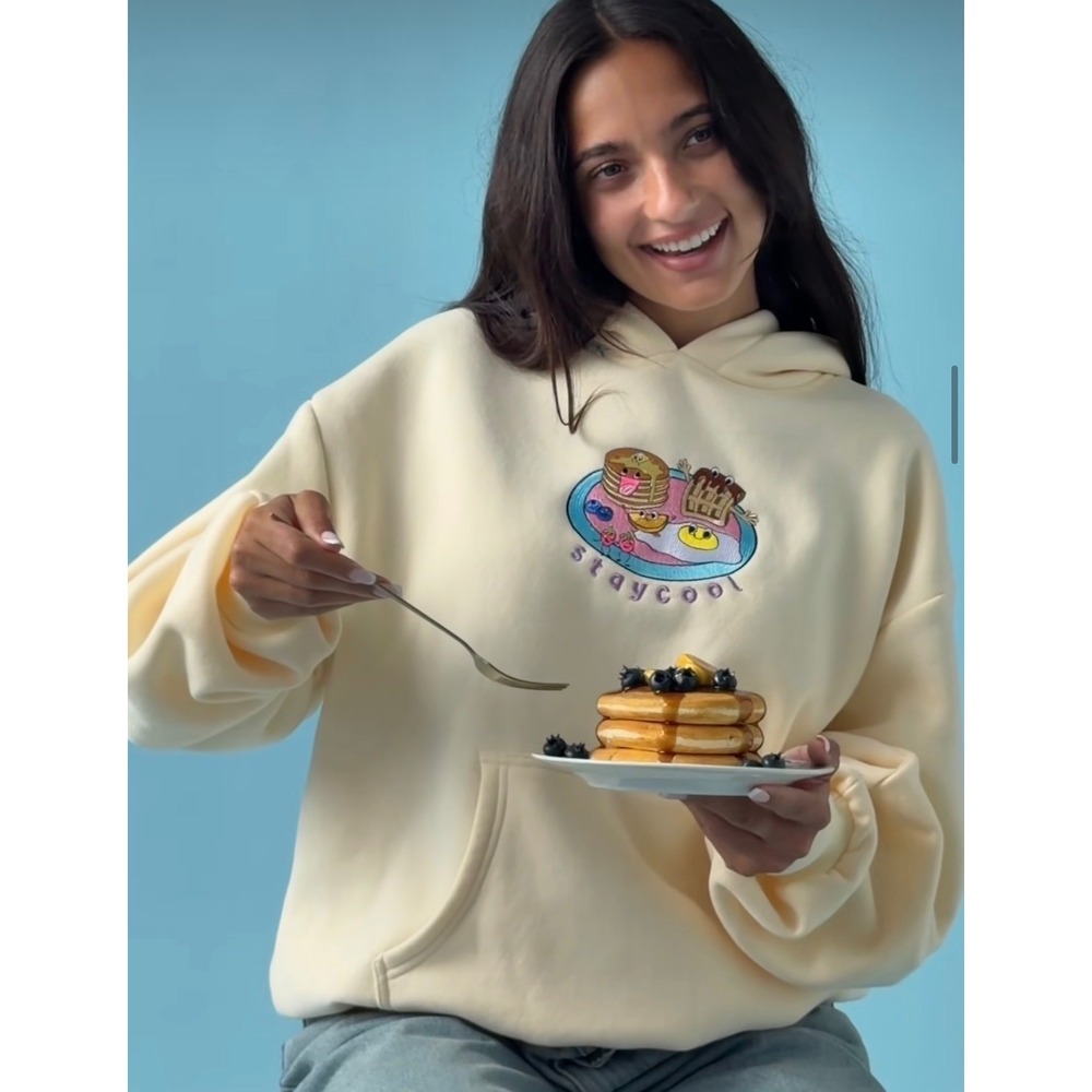 Staycool Women's XL Cream Breakfast Graphic Embroidered Oversized Hoodie